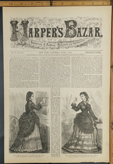 Lady wearing a black lace over skirt and jacket. Article on the preparation and use of cement. Original Antique woodcut engraving, print from 1872.