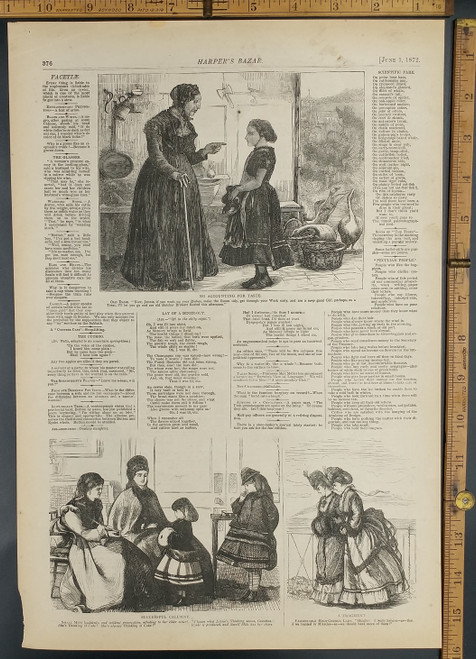 Facetiae section of Harper's Bazaar. An elderly lady talking to a child Wild geese are in the house. Original Antique woodcut engraving, print from 1872.