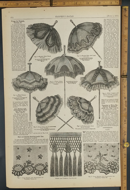 Fringe for parasols, cravats etc. Umbrella for the sun. Original Antique woodcut engraving, print from 1872.