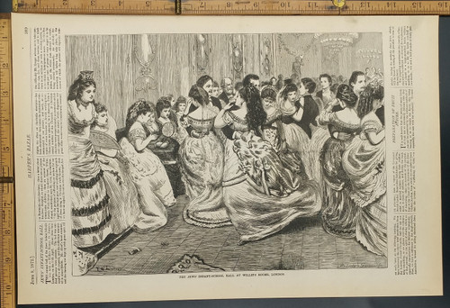 The Jews Infant School Ball at Willis's Rooms, London.  Art by F.W. Lawson. Original Antique woodcut engraving, print from 1872.