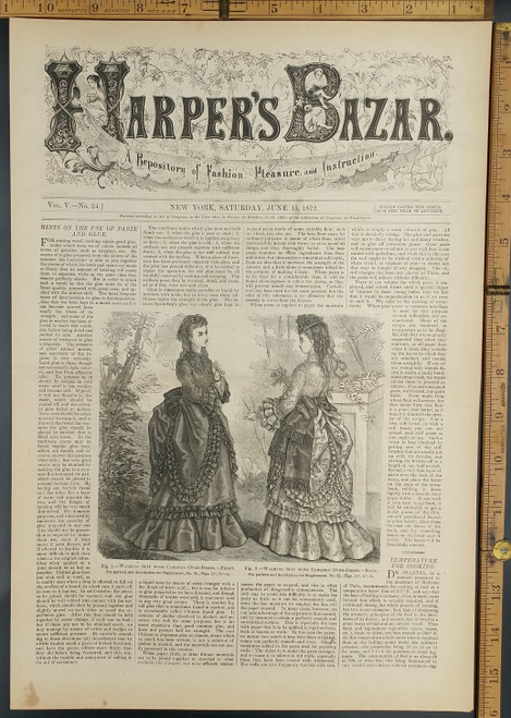 Ladies wearing walking suit with Camargo over dress. Article on how to use, paste and glue. Original Antique woodcut engraving, print from 1872.