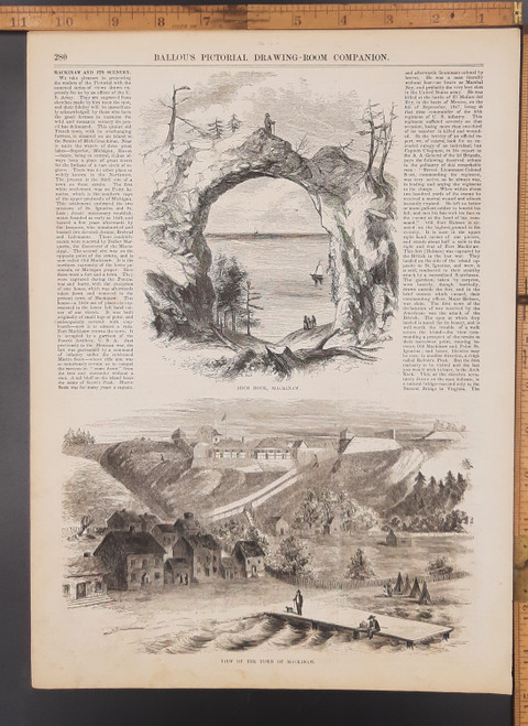 Mackinaw Michigan and its scenery. A view of the town of Mackinaw As well as Arch Rock. A man fishing from a pier. Original Antique woodcut engraving, print from 1855.