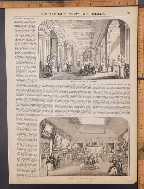 Statuary room of the Athenaeum Boston Mass. A gallery of paintings. Original Antique woodcut engraving, print from 1855.