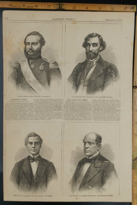 Fancis Solano Lopez, President of Paraguay. General Bartholome Mitre, presidentof the Argentine Republic. Original Engraving 1865.