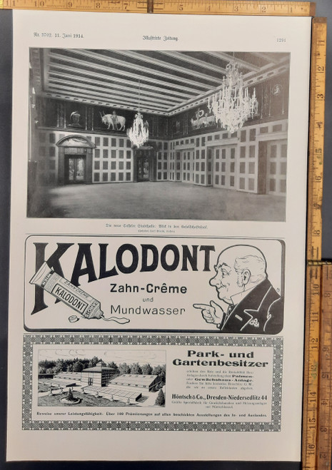 Ads for Kalodont toothpaste and mouthwash and Caffeler Stadthalle. Original Antique German World War One era print from 1914. WWI WW1