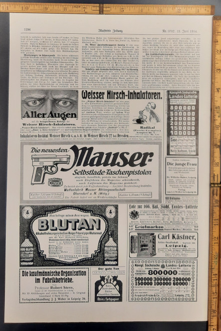  Ads for Weisser Hirsch Inhailers, Mauser pocket pistol, Blutan health drink and Carl Kastner stock. Original Antique German World War One era print from 1914. WWI WW1