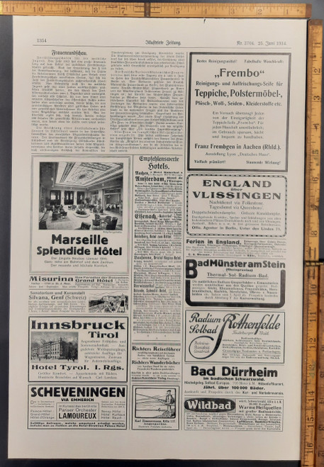 Ads for Radium Rothenfelde Sunbathing, Innsbruck Hotel and the Marseille Splendid Hotel. Original Antique German World War One era print from 1914. WWI WW1