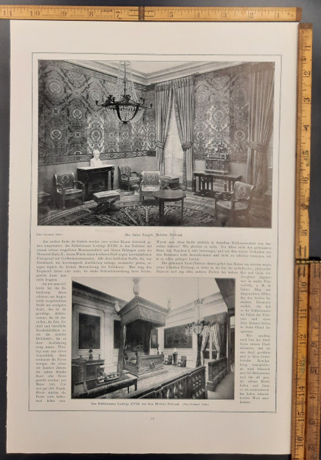 The Empire Salon, National Furniture and the bedroom of Louis XVIII. Original Antique German World War One era print from 1914. WWI WW1