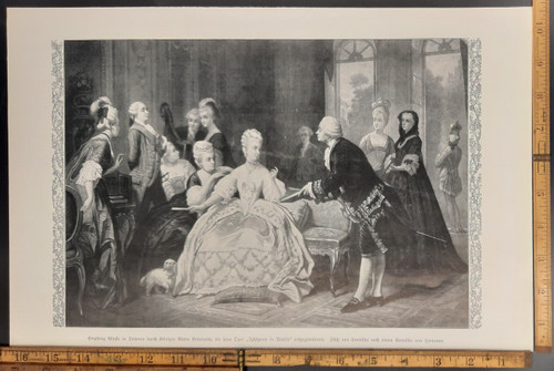 Christoph Willibald Gluck hands Queen Marie Antoinette the score of the opera after a painting by Hamman. Original Antique German World War One era print from 1914. 