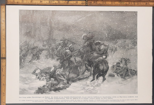 War between Austria-Hungary and Russia: mounted troops in combat with foot soldiers. Art by Victor Schramm. War in a snowstorm. Original Antique German World War One era print from 1914. WW1 WWI