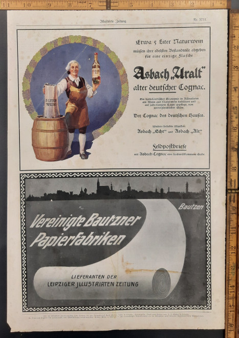 Color Ads for: Asbach Uralt German cognac and United Bautzner paper mills. Original Antique German World War One era print from 1914. 