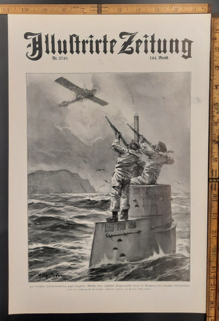 Cool Illustrite Zeitung cover with troops on a submarine trying to shoot down a plane. Art by Willy Stower. Original Antique German World War One era print from 1915. WW1 WWI