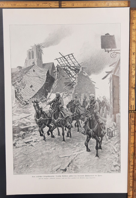 German artillery passes burning Passchendaele near Ypres, as drawn by Professor Hugo Ungewitter. Men riding horses through a destroyed town. Original Antique German World War One era print from 1915. WW1 WWI