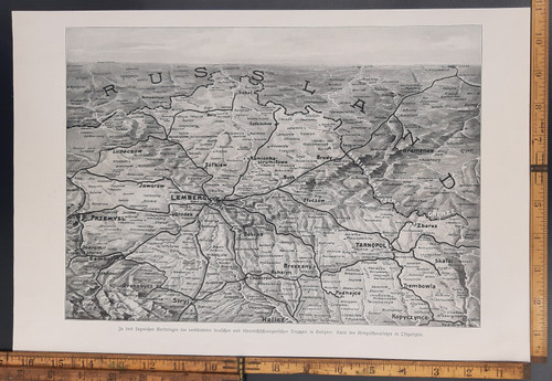 Map of the victorious advance of the Allied German and Austro Hungarian troops in Galicia. Locations include: Russia, Lemberg, Jaworow, Brody, Zbaraz and Tarnopol. Original Antique German World War One era print from 1915. WW1 WWI