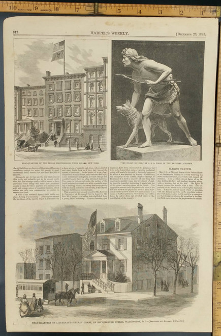 Grants headquarters on 17th St Washington DC. A streetcar pulled by horses. Wards statue of the Indian Hunter. Original Engraving 1865.