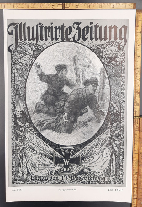 Illustrate Zeitung cover with troops in battle throwing grenades over a barbwire fence. Original Antique German World War One era print from 1915. WW1 WWI