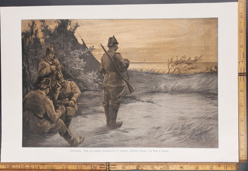 Men guarding the beach, art by Adolf G. Doring. Original Antique German World War One era print from 1915. WW1 WWI