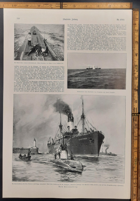 A submarine entering Zeebrugge With its captured ship, art by Professor Willy Stower. A torpedo hitting a steamer. On the deck of a German submarine studying sea charts. Original Antique German WWI print with photos from 1915. 