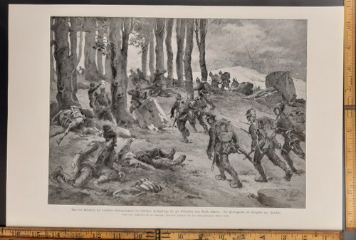 From the battles of the German mountain troops in the Serbian High Mountains a scene from the Ibar Valley mountain range. Art by Albert Reich. Original Antique German World War One print from 1915. WW1 WWI