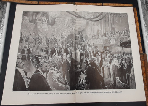 From the 8th Council, Allsclaraffias in the town hall in Zurich, art by Felix Schwormstadt. An interesting party. A massive celebration scene with a gigantic owl. Original Antique German World War One era Large print from 1916. WWI WW1
