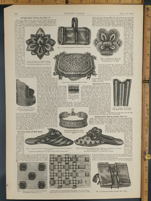 Some DIY info: carriage leather bathing bag, Carriage leather, rosette for bathing slippers, Pink satin crepe and mall sachet, embroidered pen wiper and swimming belt. Original Antique  print from 1872.
