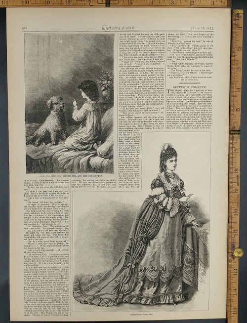 Little girl and dog on a bed. Polypod sets snap before her and bids him listen.  A young lady wearing a reception toilette and has a petticoat of silk. Original Antique  print from 1872.