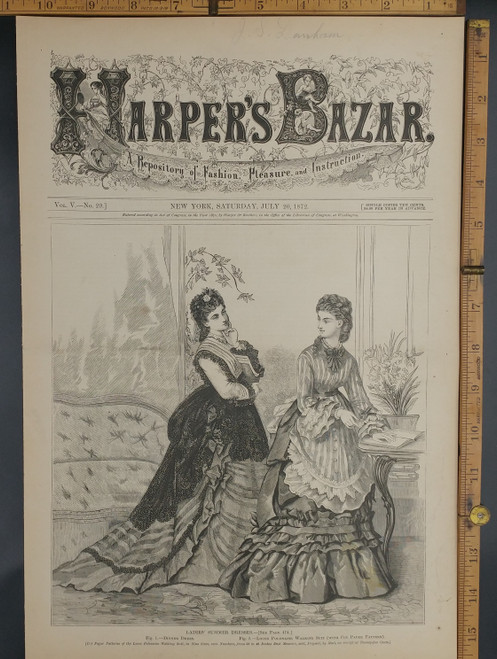 Ladies summer dresses: Dinner dress and loose polonaise walking suit. Harpers Bazar(Bazaar) cover page with two women. Original Antique  print from 1872.