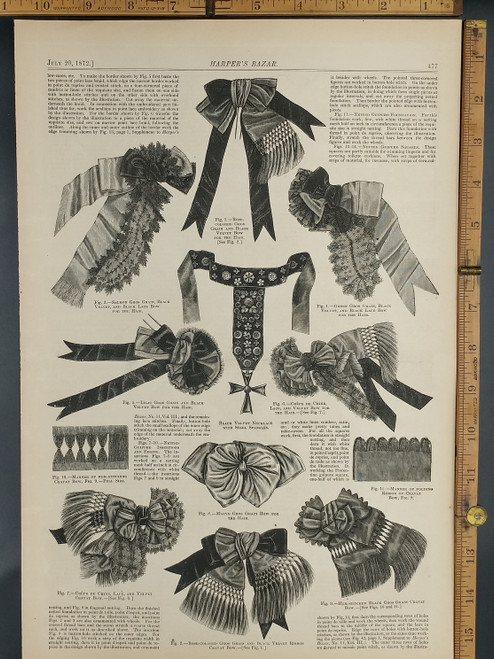 Some DIY info for bows and ribbons: gros grain and black velvet bow for the hair, crepe de chine lace, muave gros grain and black velvet necklace with steel spangles. Original Antique  print from 1872.
