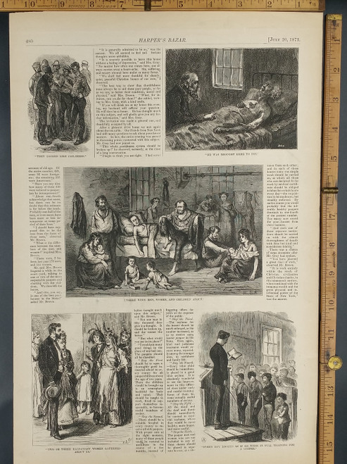 Two or three half crazy women gathered about us. There were men, women and children about They brought the man here to die. Every boy looked as if he were in full training for a loafer. Original Antique  print from 1872.