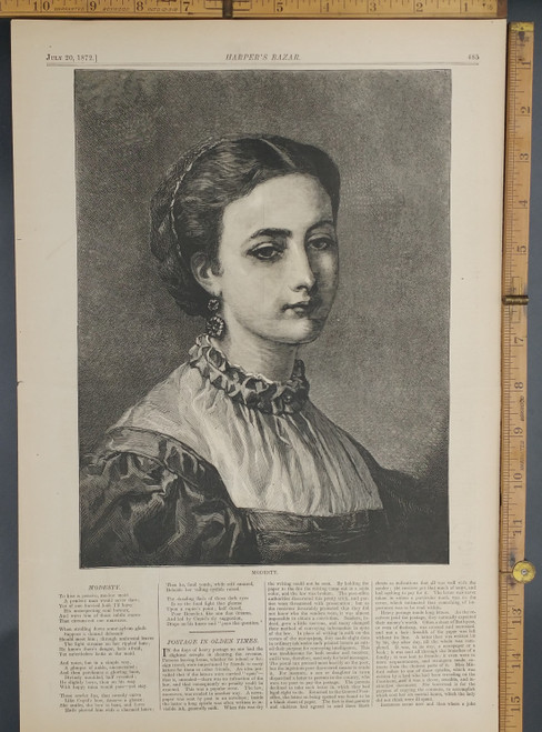 A poem about modesty. Portrait of a young lady. Original Antique  print from 1872.