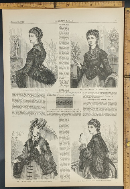 Women wearing tulle jacket and bedouin mantilla. A lady with a parasol and another with hand held glasses. Original Antique  print from 1872.