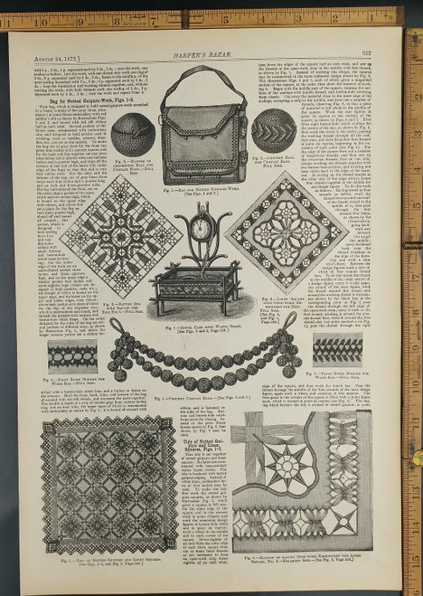 Images and directions for bag for netted guipure work and crochet balls. Linen square with open work embroidery for tidy. Original Antique  print from 1872.