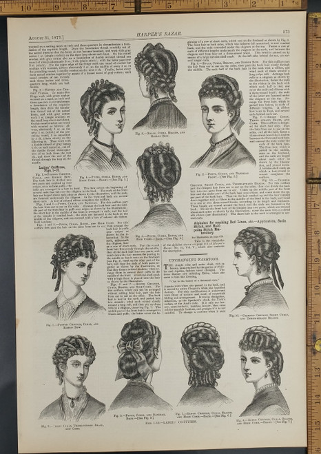 Ladies coiffures(hair style): rolls, curls, braids, ribbon, bow, Puffs, crimped chignon and bandeau. Original Antique  print from 1872.