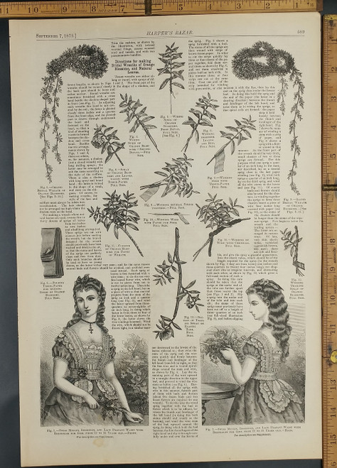 Images and directions for making bridal wreaths of orange blossoms and natural leaves. Swiss muslin insertion and lace peasant waist with bretelles for girls from 12 to 14 years old. Original Antique  print from 1872.