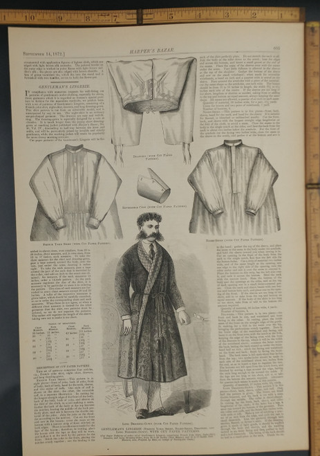 Images and directions for making gentlemen's lingerie. A man's long dressing gown. Original Antique  print from 1872.