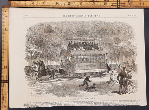 A Charlottenburg omnibus in Berlin, Germany. A team of horses pulling a double Decker bus. And a boy running with his dog. Original Antique  print from 1866.