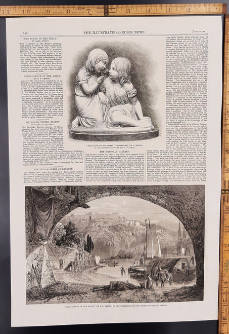 The sound of the shell as sculpted by a Munro, two little girls listening to a shell. Reminiscence of the Rhine by R. P. Leitch. Original Antique print from 1861.