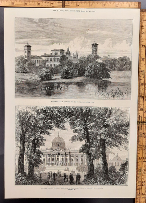 The new Palace, Potsdam, residence of the Crown Prince of Germany and Prussia. Bornstedt, near Potsdam, the Crown Prince's model farm. Original Antique print from 1872.#2