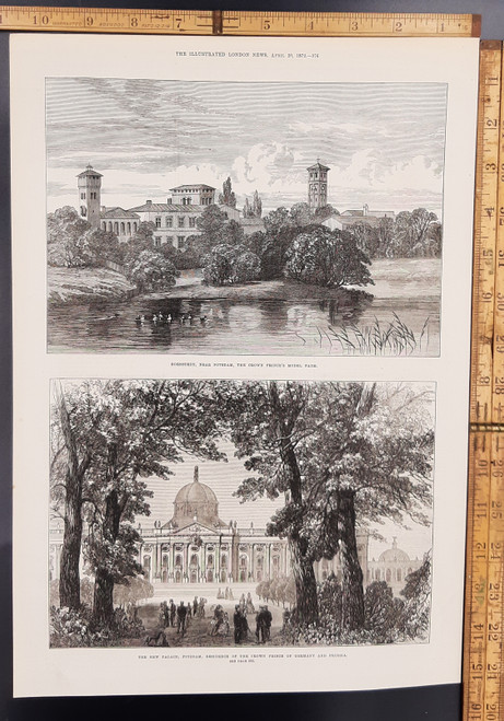 The new Palace, Potsdam, residence of the Crown Prince of Germany and Prussia. Bornstedt, near Potsdam, the Crown Prince's model farm. Original Antique print from 1872.#8