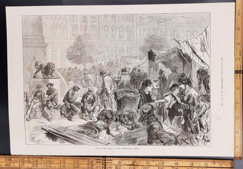 Part of the market at the Dohofs Platz Berlin. Original Antique wood engraved print from 1874.