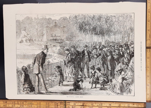 The Zoological Gardens, Berlin, Germany. Crowded scene with children playing, men and women talking and an older gentleman with a cane wearing glasses. Original Antique wood engraved print from 1874.#2