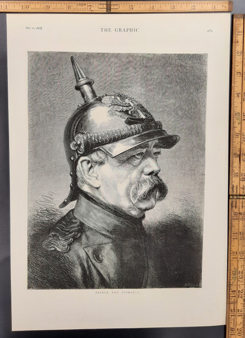 Prince von Bismarck wearing a Lobster tail pickelhaube. Original Antique wood engraved print from 1878.#2