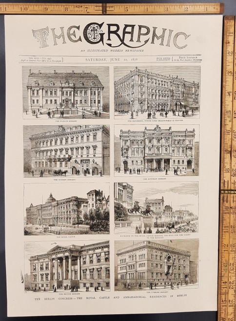 The Berlin Congress, the Royal Castle and ambassadorial residences in Berlin. The British Embassy, Turkish embassy, Russian embassy, Austrian embassy, and French embassy and the royal castle. Original Antique wood engraved print from 1878.