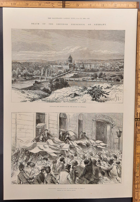 Potsdam, the residence of the King of Prussia. Gratuitous distribution of newspapers in Berlin. Death of the Emperor Frederick of Germany. Original Antique print from 1889.