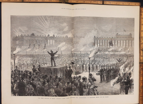 The three emperors at Berlin: Prussian guards bands performing the Zapfenstreich by torchlight, before the old palace. Original Large Antique print from 1872.