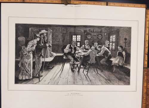 "A Dilemma" drawn by Hubert Herkomer. A family gathered around the kitchen table, looking miserable. Original Large Antique print from 1876.
