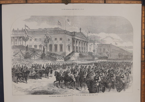 The military triumph at Berlin: Troops passing before the emperor on the opera place. Original Antique print from 1871.