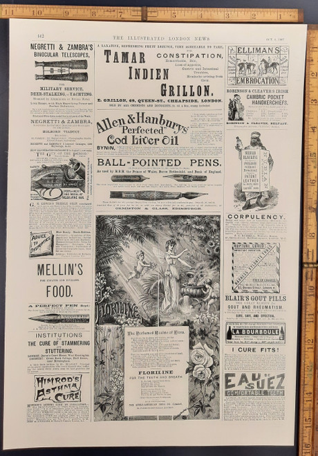 Antique ads: Himrod's Asthma Cure, Institutions for curing stuttering,  Nubian Blacking Polish, Allen & Hanburys' Cod Liver Oil ad Anson & Deeley's gun. Wild ad for foreline with Cherubs and fairies. Original Antique print from 1887.