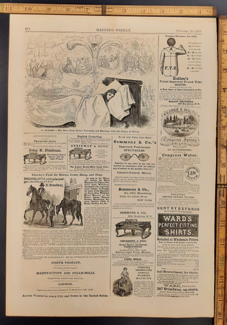 Antique ads: Congress Spring water in Saratoga Springs NY,  Chickering & Sons Grand Piano, Semmons & Co Pantoscopic Spectacles. Humor: a dream, the New York belle's courtship and marriage with the Prince of Wales. Original Antique print from 1860.