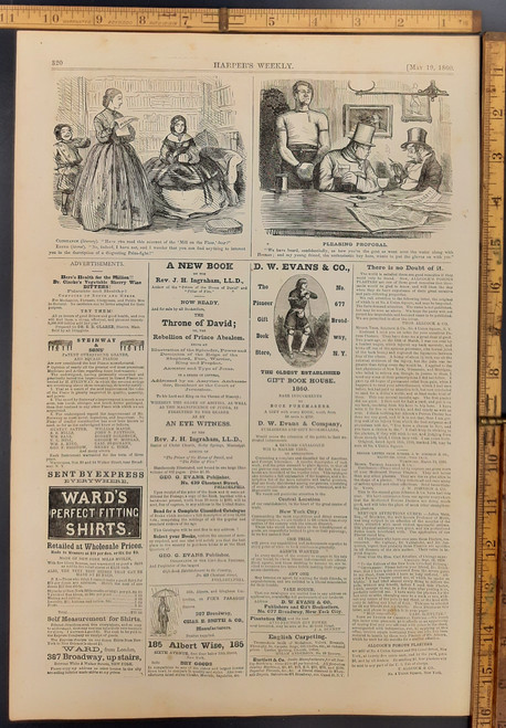  Antique ads:  DW, Evans and company book house, Albert Wise 6th Ave, New York. and Steinway and sons grand pianos. Humor: A pleasing proposal. Original Antique print from 1860.